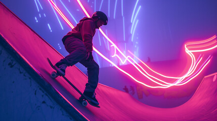 A skateboarder grinding a rail, leaving behind a neon, animated streak of light. The scene captures dynamic motion and energy, blending street culture with a touch of digital magic.
