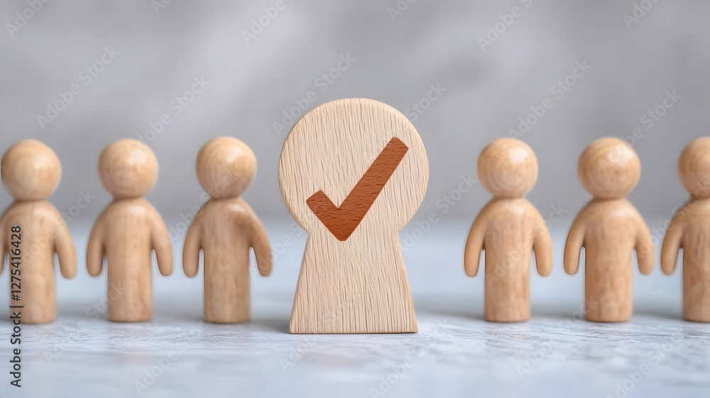 Aufkleber Wooden Figures Standing in a Row with One Selected by a Glowing Checkmark Symbolizing Leadership Potential Workforce Optimization and Career Development Concept for Business and Human Resources