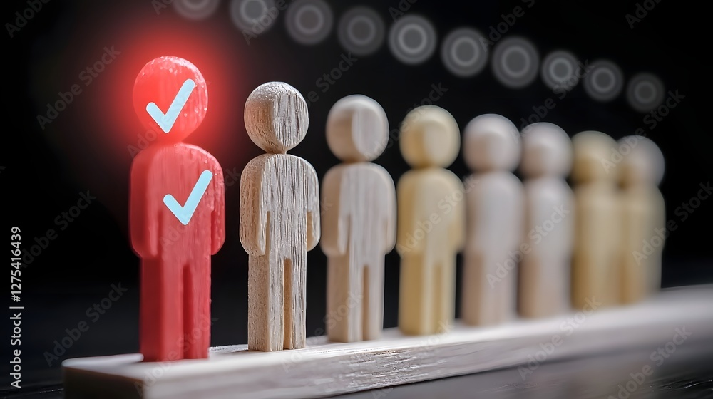 Poster wooden figures standing in a row with one selected by a glowing checkmark symbolizing the concept of