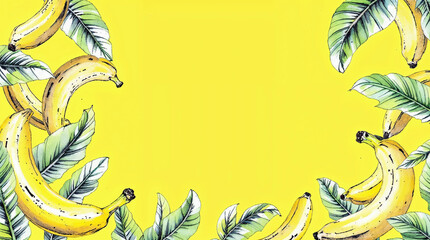 The watercolor style illustration of bananas with copy space in the middle  on light yellow background