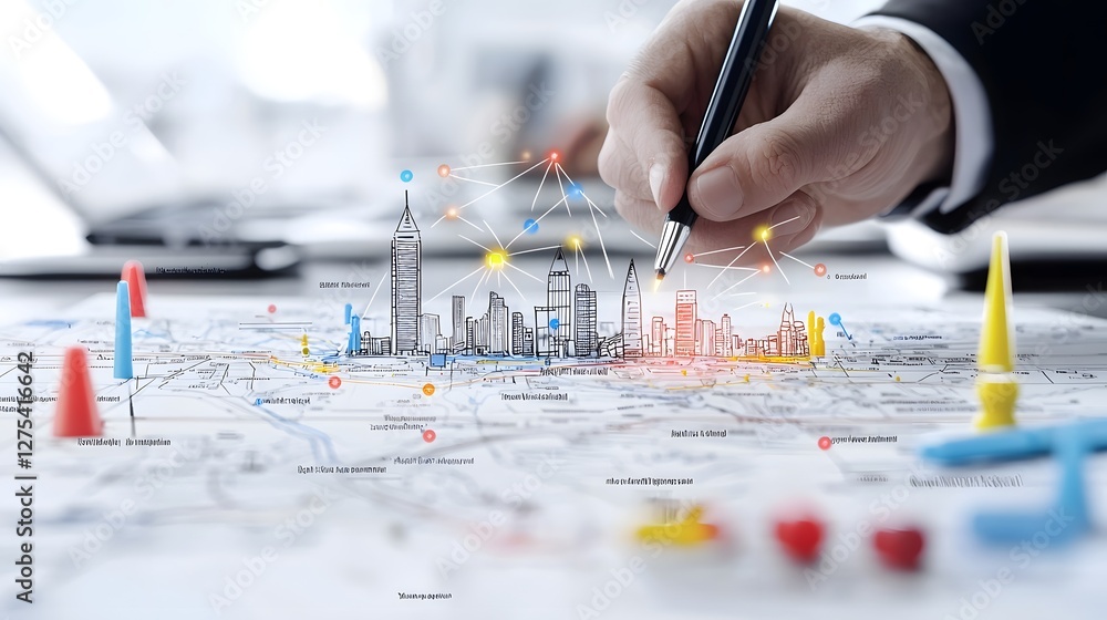 Poster Detailed Aerial Map View with Vibrant Markers and Glowing Pen Emitting Sparks to Highlight Key Locations for Strategic Planning Navigation and Data Driven Analysis   Futuristic Geographic Concept
