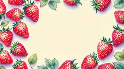 The illustration of strawberries forming a frame with copy space in the middle on pastel cream background