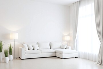 Modern living room large window white sofa floor lamps potted plants