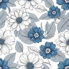 Seamless Floral Pattern Blue and Gray Flowers