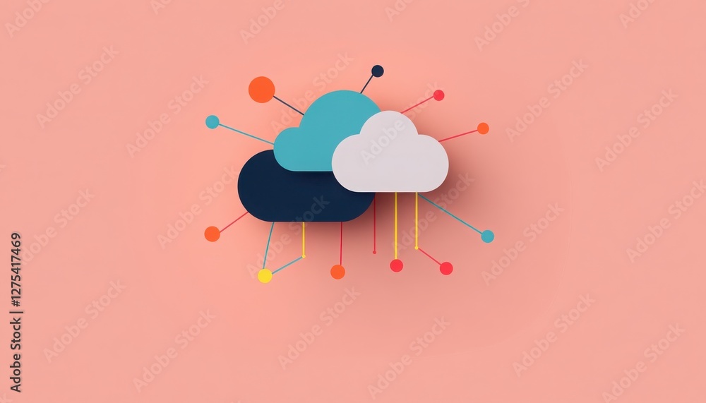 Poster stylized clouds with colorful connected dots, representing data exchange and digital innovations in 