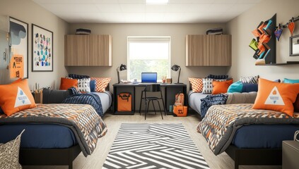 Modern dorm room with twin beds, study area, and colorful decor