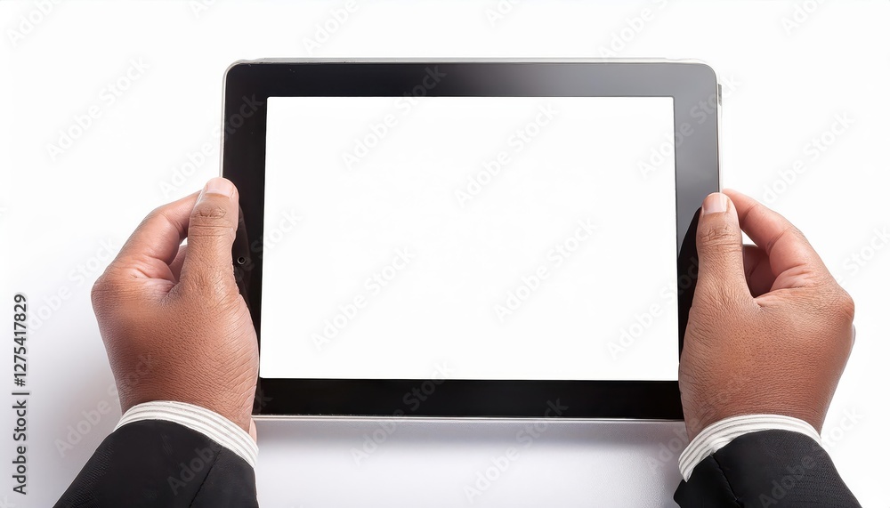 Poster tablet computer with blank white screen, pure and minimalistic on a vast white background timeless e