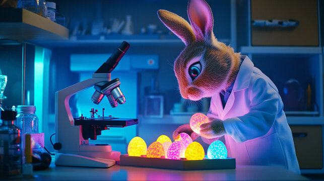 Scientist rabbit in a white lab coat examining colorful glowing Easter eggs