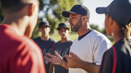 Baseball playoffs with a coach discussing tactics with players. Featuring leadership and strategy
