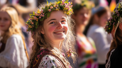Oak Apple Day, People in traditional English dress wearing small oak apple blossoms on their clothes, Ai generated images