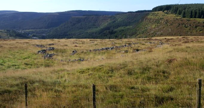 Extra Wide shot looking over the Blaenrhondda hut circle settlement at Hendre'r Mynydd,
