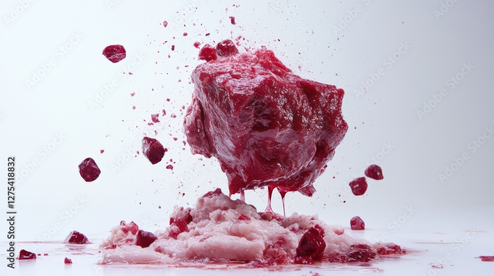 Aufkleber floating chunk of meat splashing red juice and berries, creating a dynamic food scene