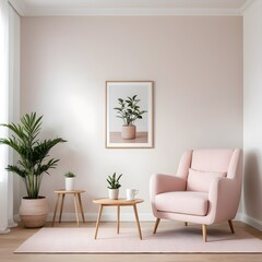Pink Armchair in Minimalist Living Room Interior with Plants and Wooden Accents