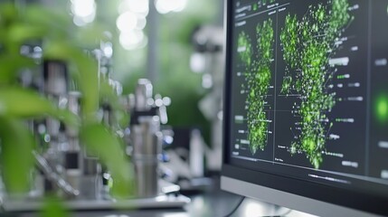 Scientists analyze plant data on computer screen.