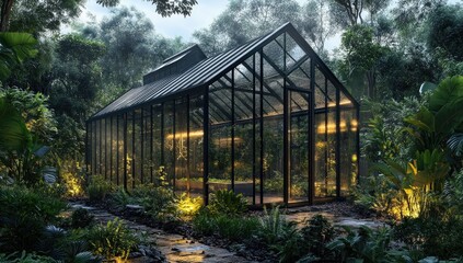 Obraz premium Modern greenhouse in lush rainforest