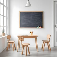 Child's Wooden Table and Chairs with Chalkboard in Bright Room