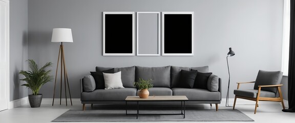 Modern Grey Living Room Interior with Comfortable Sofa and Armchair