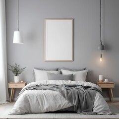 Modern Scandinavian Bedroom Interior with Blank Frame Mockup