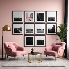 Pink Velvet Armchairs and Modern Art in a Chic Living Room Interior
