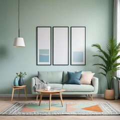 Modern Living Room Interior Design with Mint Green Walls and Geometric Rug