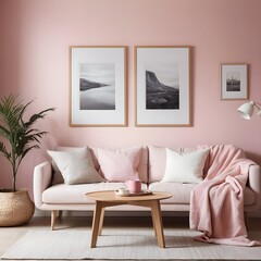 Pink Living Room Interior Design with Cozy Sofa and Landscape Prints