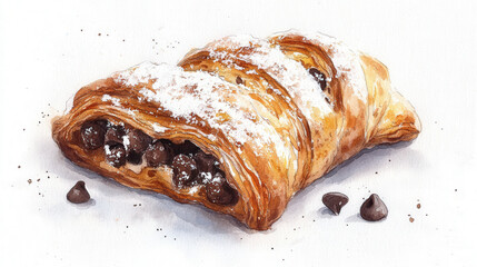 Flaky, golden croissant pastry filled with rich, melted chocolate and dusted with powdered sugar

