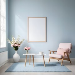 Modern Living Room Interior with Pink Armchair and Empty Frame