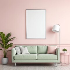 Pastel Green Sofa in Pink Room with Mockup Frame