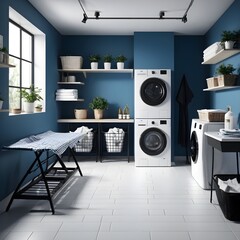 Modern Laundry Room Interior with White Appliances and Blue Walls