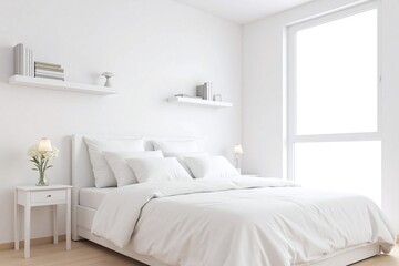 Fototapeta premium Modern minimalist bedroom large window white bed nightstand shelves