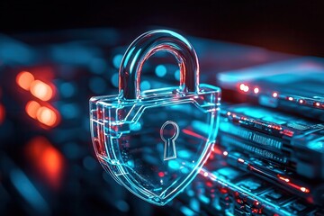 Secured data center protected against hackers. Digital padlock over data servers representing cybersecurity concepts.