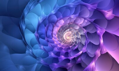 Fototapeta premium Abstract swirling fractal flower in blue, purple, and pink hues.