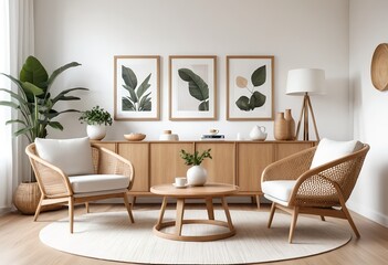 Fototapeta premium Modern Minimalist Living Room Interior with Rattan Chairs and Wooden Cabinet