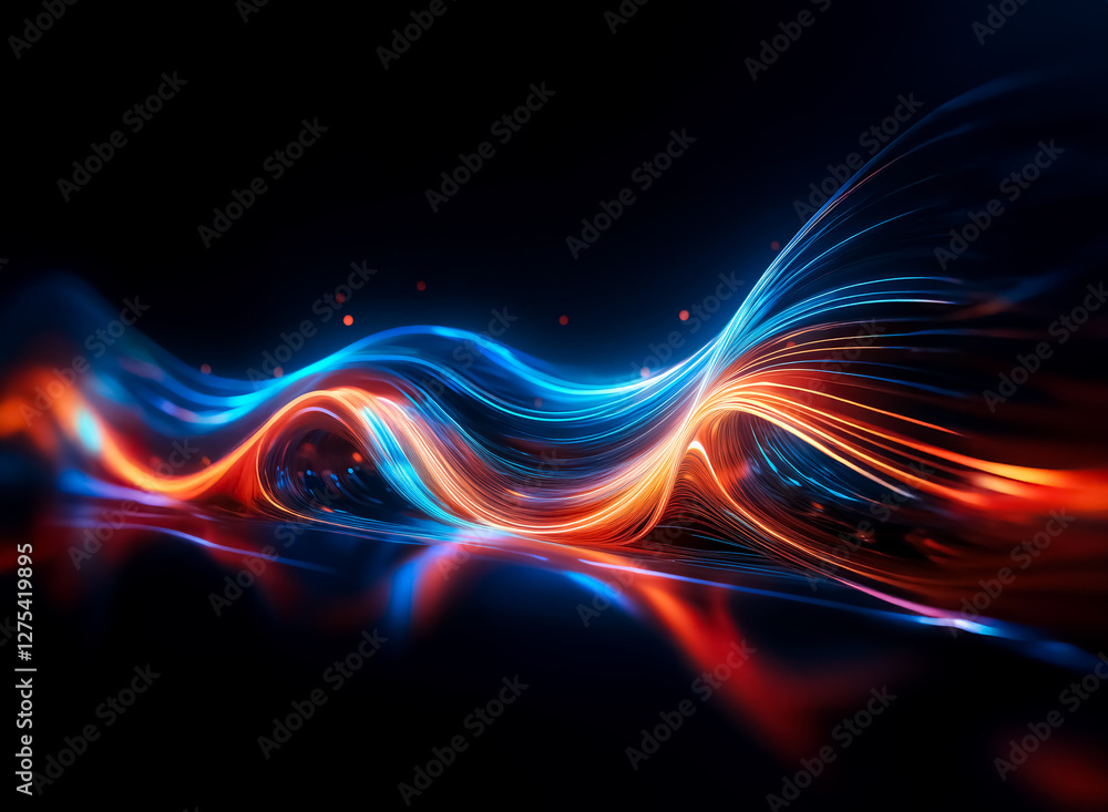 Poster dynamic wave of vibrant abstract glowing lines in blue and orange flow and curve on a dark backdrop 