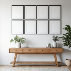 Modern Minimalist Living Room Interior with Wooden Console Table and Blank Frames