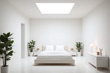 Modern minimalist bedroom high ceiling skylight bed nightstands