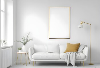 Minimalist White Living Room Interior with Gold Accents