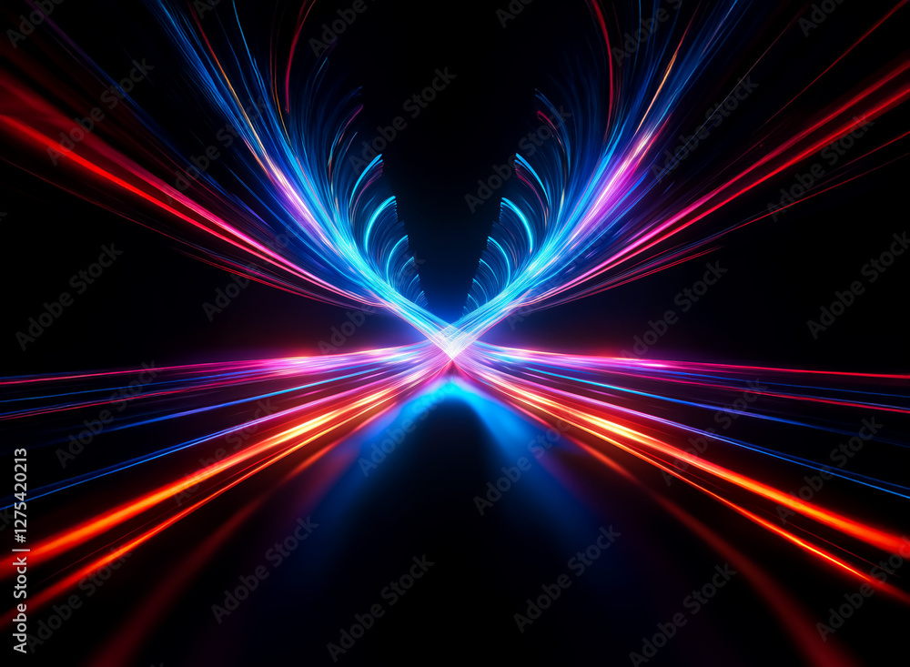 Poster vibrant red and blue light streaks converge on a dark backdrop, creating a dynamic and futuristic ab