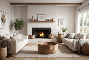 Cozy Modern Living Room with Fireplace and Woven Baskets