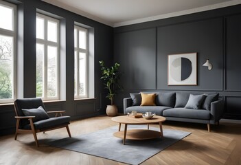 Fototapeta premium Modern Living Room Interior Design with Dark Walls and Wooden Floors