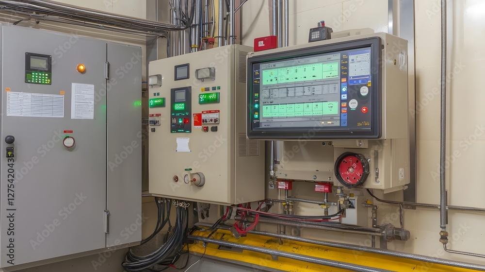Poster Cutting Edge Control System Monitoring Essential Mechanical Facility with Green Lit Buttons and Digital Displays Actively Tracking Equipment and Processes