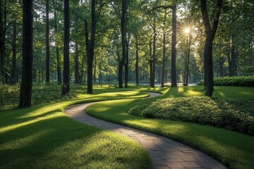 Fototapeta premium Beautiful green lawn with trees, sunlight through coniferous leaves, and a winding stone path leading to a distant lake. A wide-angle summer landscape in a park or garden.