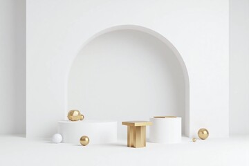 Modern minimalist interior white wall archway white pedestals gold tables
