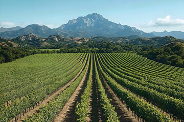 Vineyard Landscape: Rows of Grapes Against Majestic Mountains