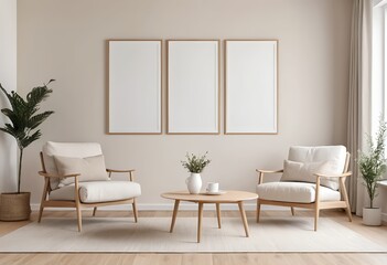 Modern Minimalist Living Room Interior with Two Armchairs and Mockup Frames
