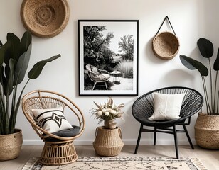 Stylish Bohemian Living Room Interior with Rattan Chairs and Black and White Photography