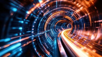 Obraz premium Futuristic Digital Tunnel with Blue and Orange Light Streams