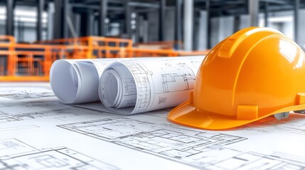 Rolled blueprints and a bright yellow hard hat resting on steel beams at an under construction building site symbolizing meticulous design and workplace safety