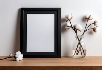 Blank Black Frame Mockup with Cotton Flowers on Wooden Table