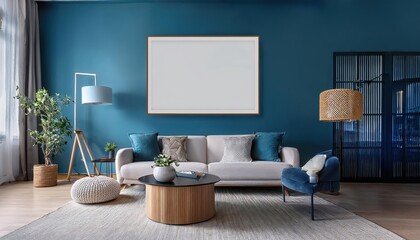 Modern Interior Design Showcase Mock up Frame Canvas and Elegant Furniture in a Stylish Living Room Space, Elevating the Mood with Sophisticated Textures and Vibrant Modern Aesthetics.